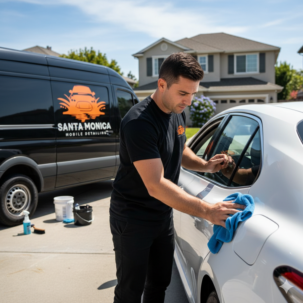 Mobile car wash service showing clean vehicle in Santa Monica