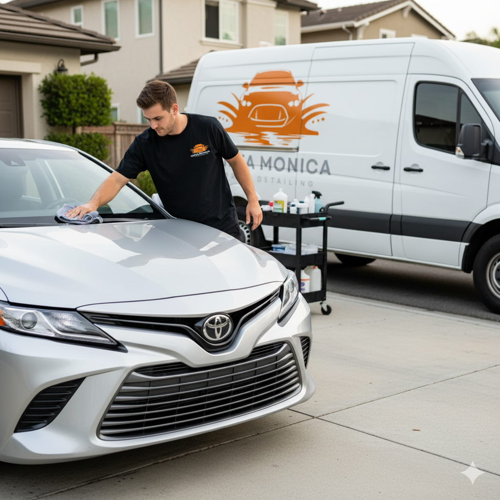 Interior car detailing with upholstery shampoo, dashboard cleaning, and pet hair removal in Santa Monica